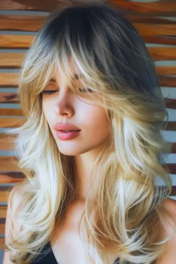 앞머리가 있는 어두운 뿌리의 긴 헤어스타일을 가진 깃털 레이어.