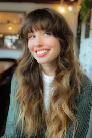 둥근 앞머리 헤어스타일을 갖춘 긴 웨이브 레이어.