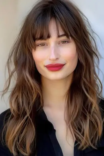 앞머리가 있는 헝클어진 웨이브 레이어 긴 머리.