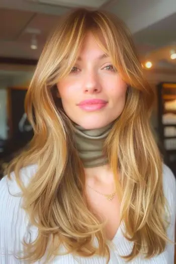 커튼 앞머리가 있는 긴 레이어.