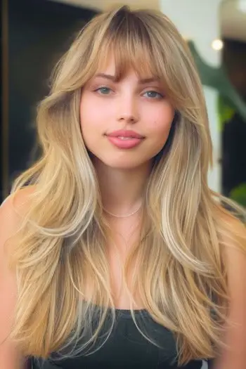 끝부분이 뒤집혀 있고 앞머리가 있는 스트레이트 롱 레이어입니다.