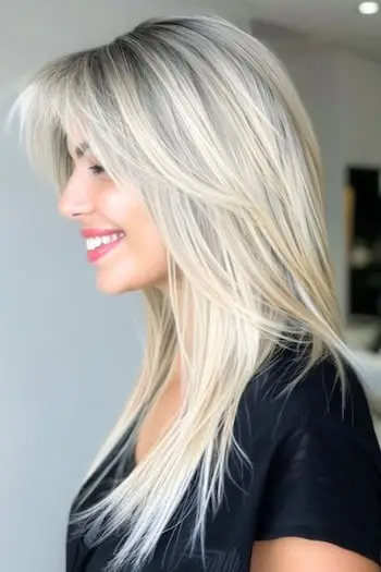 앞머리가 있는 어두운 뿌리의 긴 레이어드 헤어를 가진 플래티넘 레이어.