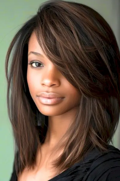 Lige lagdelt mørkebrunt hår mellemlang klipning.