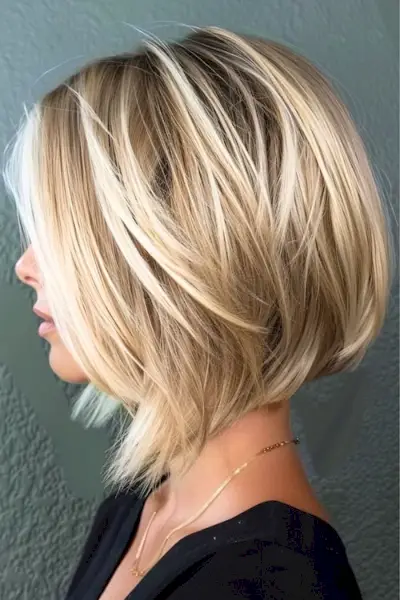 Inverter lagdelt blond lob mellemlang klipning.