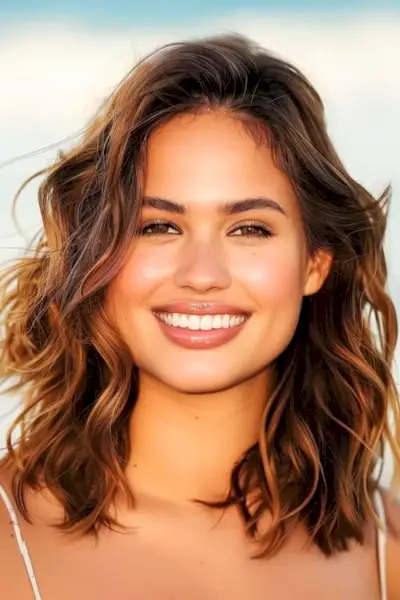 Voluminøst lagdelt kravebenslange bølger mellemlang klipning.