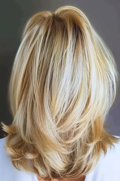 Platin blonde voluminøse lag mellemlang klipning.