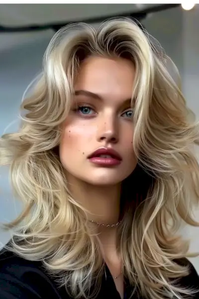 Voluminøs lagdelt bølget blond lob med ansigtsindrammet langt gardin pandehår.