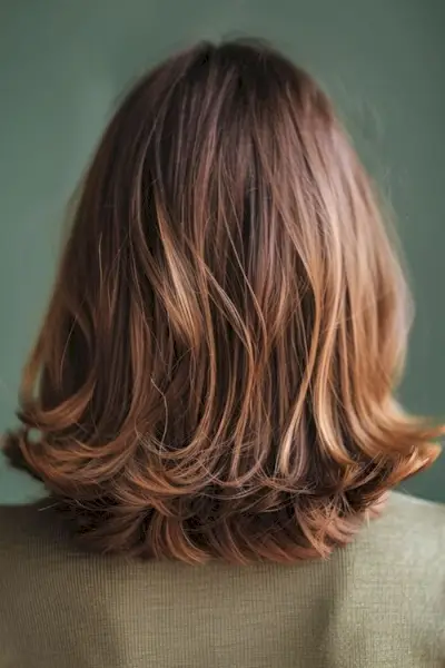 Lange skulderlange lag med kobber balayage highlights.