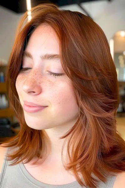 Fjerbeklædte kastanjebrune lag mellemlang klipning.