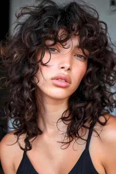 Lagdelt dybe brune krøller mellemlang frisure.