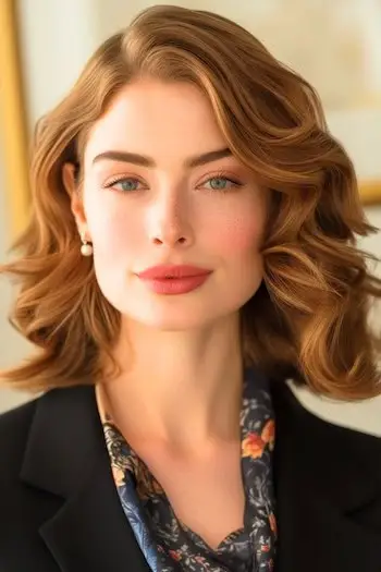 Layered Wavy Bob med bløde krøller frisure på smuk kvinde.