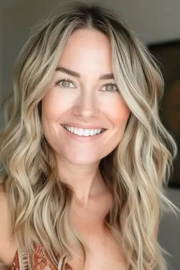 Beachy Layered Waves Frisure på smilende kvinde med mørkeblondt hår med blonde highlights.