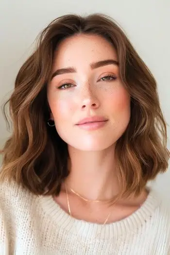 Soft Wavy Layers Frisure på kvinde med brunt skulderlangt hår.