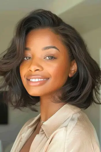 High Volume Long Bob With Side Bangs Frisure på smilende kvinde med brunt hår.