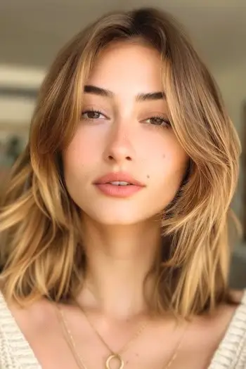 Face-Framing fremhævede lag på kvinde med brunt hår.