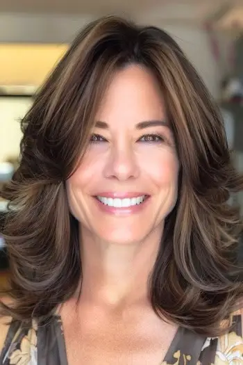 Voluminøse lag med flippede ender frisure på smilende ældre kvinde med brunt hår.