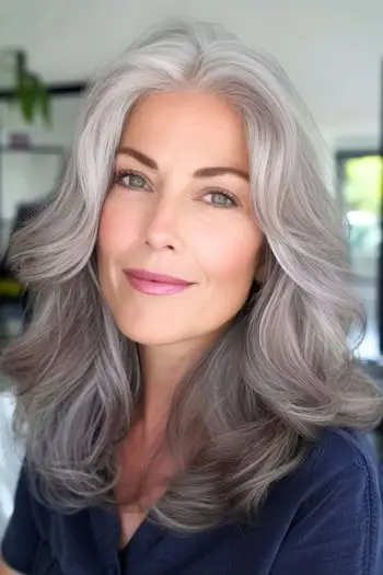 Krøllet lag frisure på smilende ældre kvinde med sølv hår.