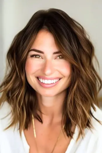 Pjusket lagdelte bølger frisure på smilende kvinde med brunt hår.