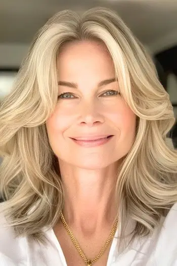 Face-Framing Blonde Layers Frisure på smilende ældre kvinde med blond hår.