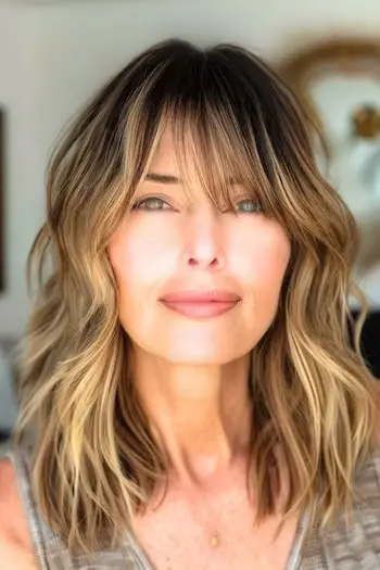 Hakkende lag med lang frynser frisure på ældre kvinde med brunt hår og blonde highlights.