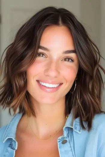 Layered Wavy Long Bob Frisure på smilende kvinde med brunt hår.