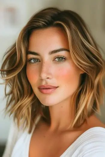 Layered Lob With Highlights Frisure på smuk kvinde med brunt hår og blonde highlights.