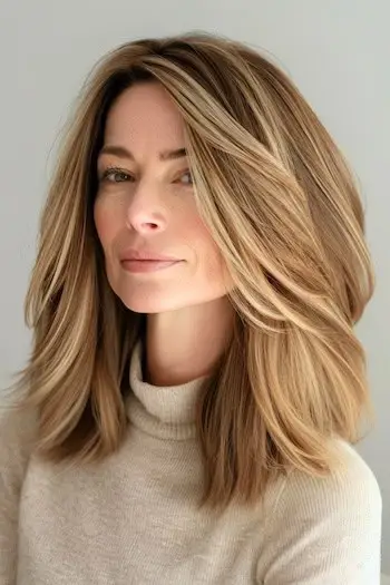 Tykke lange lag med højdepunkter frisure på ældre kvinde med brunt hår.