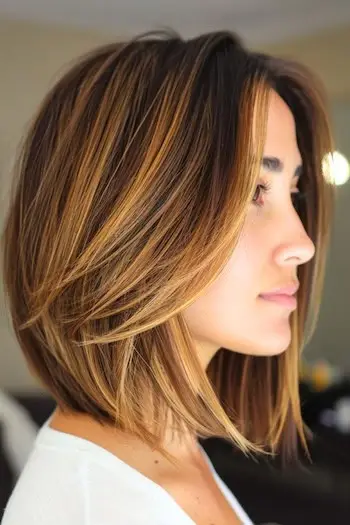 Elegant vinklet Bob med højdepunkter frisure på kvinde med brunt hår, set fra siden.