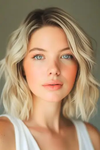 Skulder-længde bølget lag frisure på ung kvinde med blond hår.