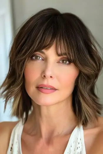 Teksturerede lag med pisket pandehår frisure på ældre kvinde med brunt hår.