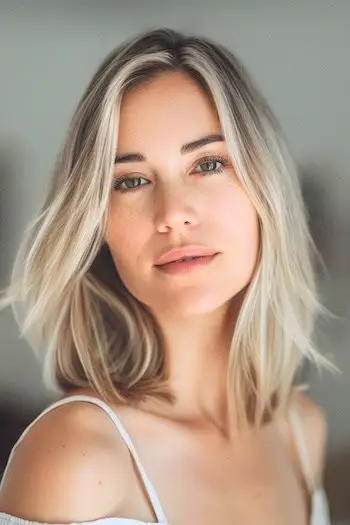 Straight Layered Lob-frisure på kvinde med blond hår.