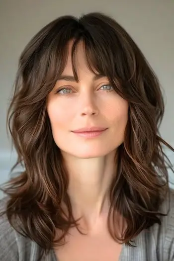 Mellemlang Shag med pandehår Frisure på smilende kvinde med brunt hår.