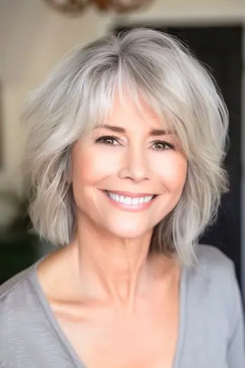 Shaggy Layers With Bangs Frisure på smilende ældre kvinde med sølvhår.