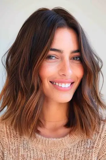 Lagdelt Lob med karamel balayage frisure på smilende kvinde med brunt hår.