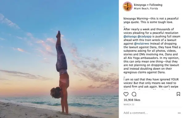 Kino MacGregor Instagram image Alo lawsuit