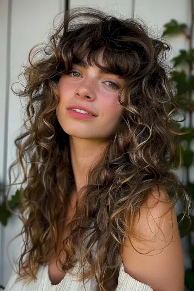 Long curly wolf haircut with voluminous layers and highlighted bangs