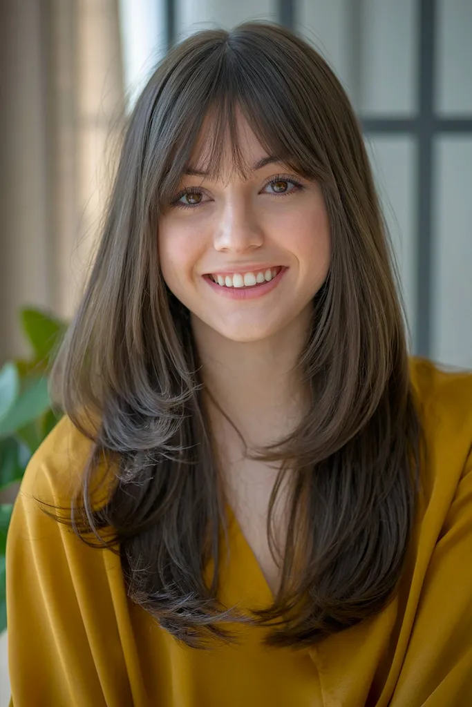 Lange, runde Schichten mit zartem Pony sorgen für einen voluminösen Gesichtsumrahmungseffekt' title=