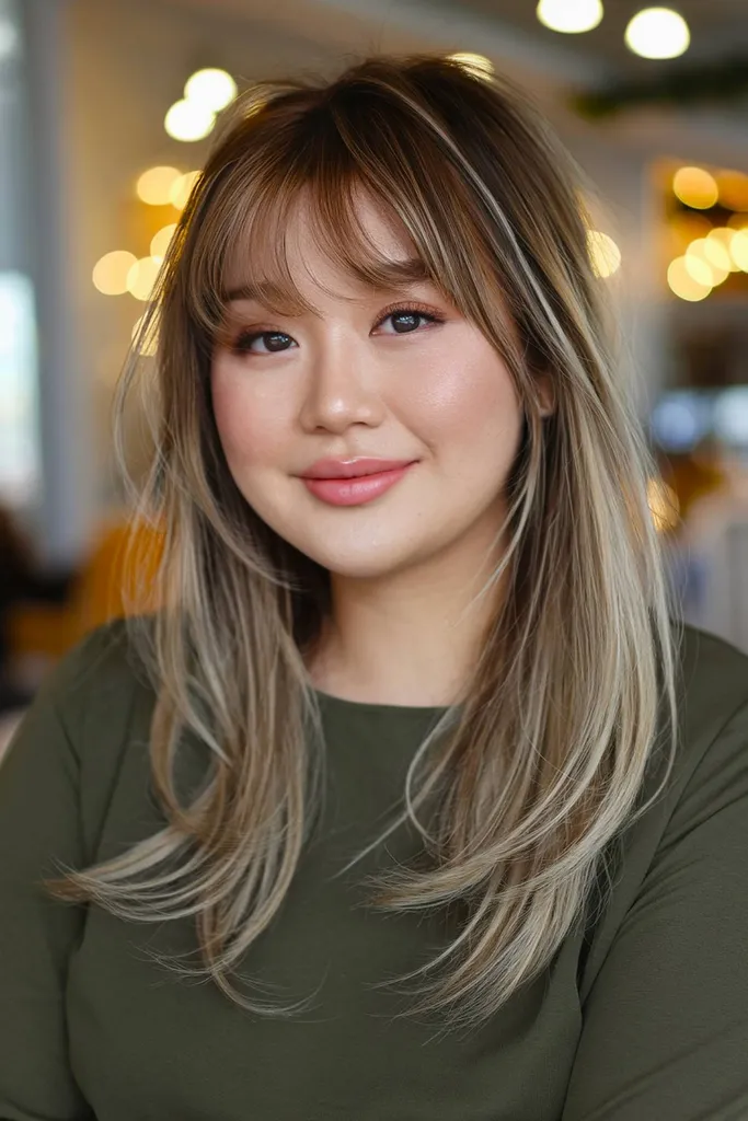 Lange Schichten mit Curtain Bangs schmeicheln runden Gesichtsformen und sorgen für eine schlankmachende Bewegung' title=