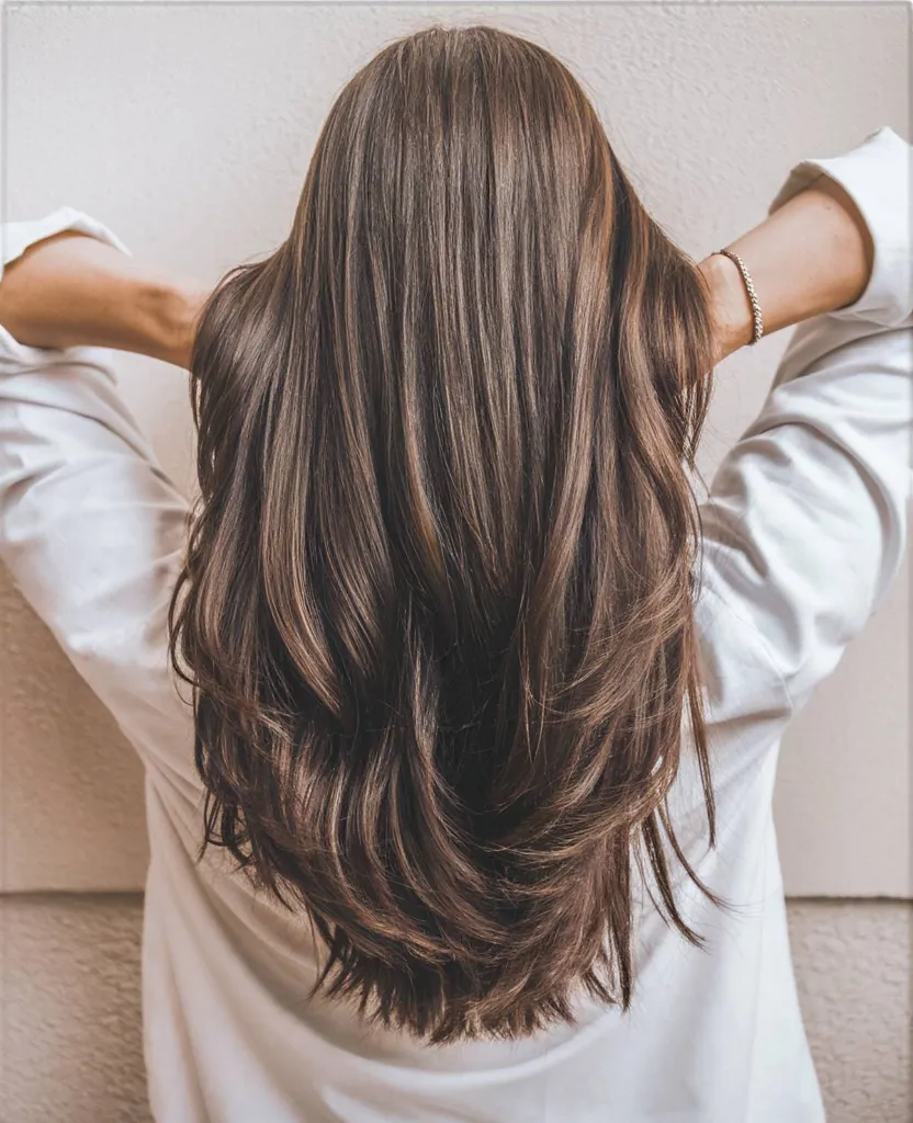 Sattes braunes langes Haar mit weichen, kaskadierenden Schichten für natürliches Volumen und Bewegung' title=