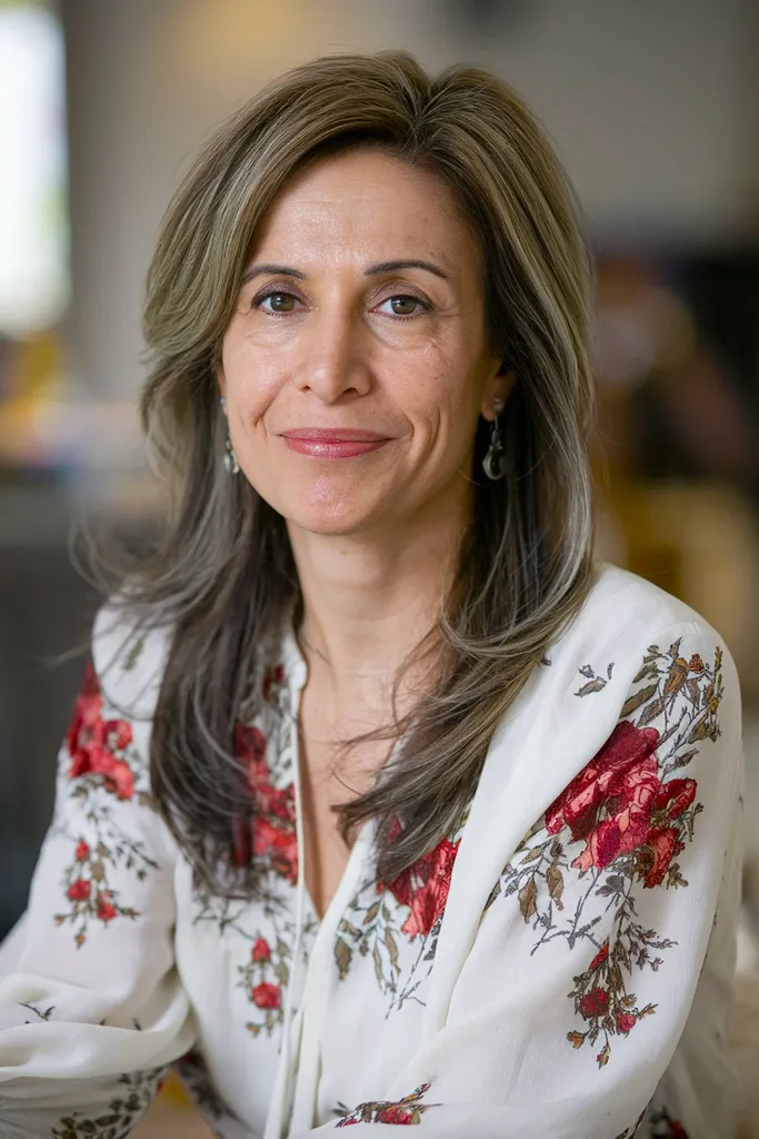 Anspruchsvolle lange Schichten mit weichem Volumen und gemischten grauen Akzenten für reife Frauen' title=