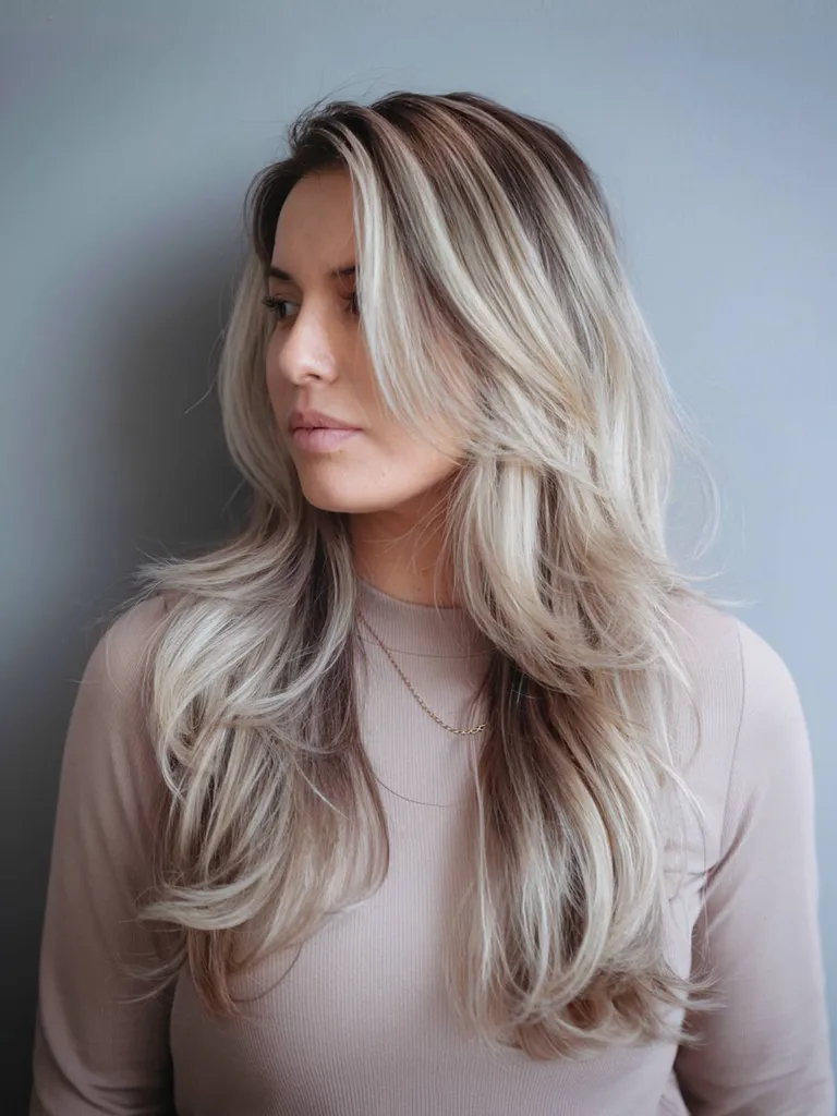 Lange Schichten, die das Gesicht umrahmen, mit sanften Wellen und einer natürlichen Balayage von Braun zu Blond' title=