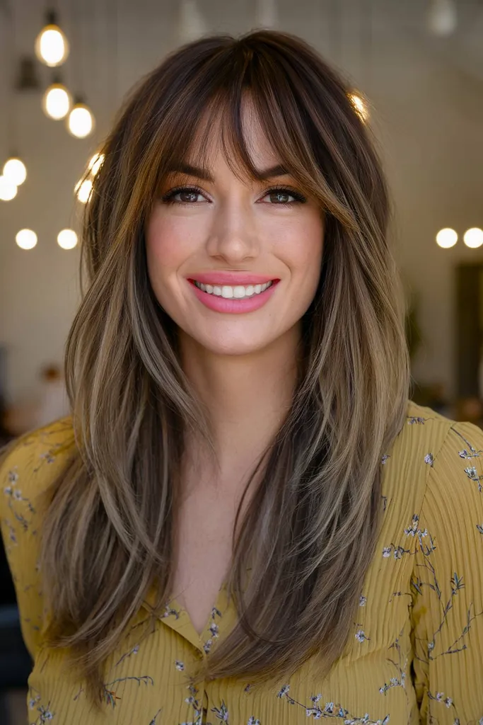 Lange, abgehackte Schichten mit zartem Pony für einen modernen, zerzausten Look' title=