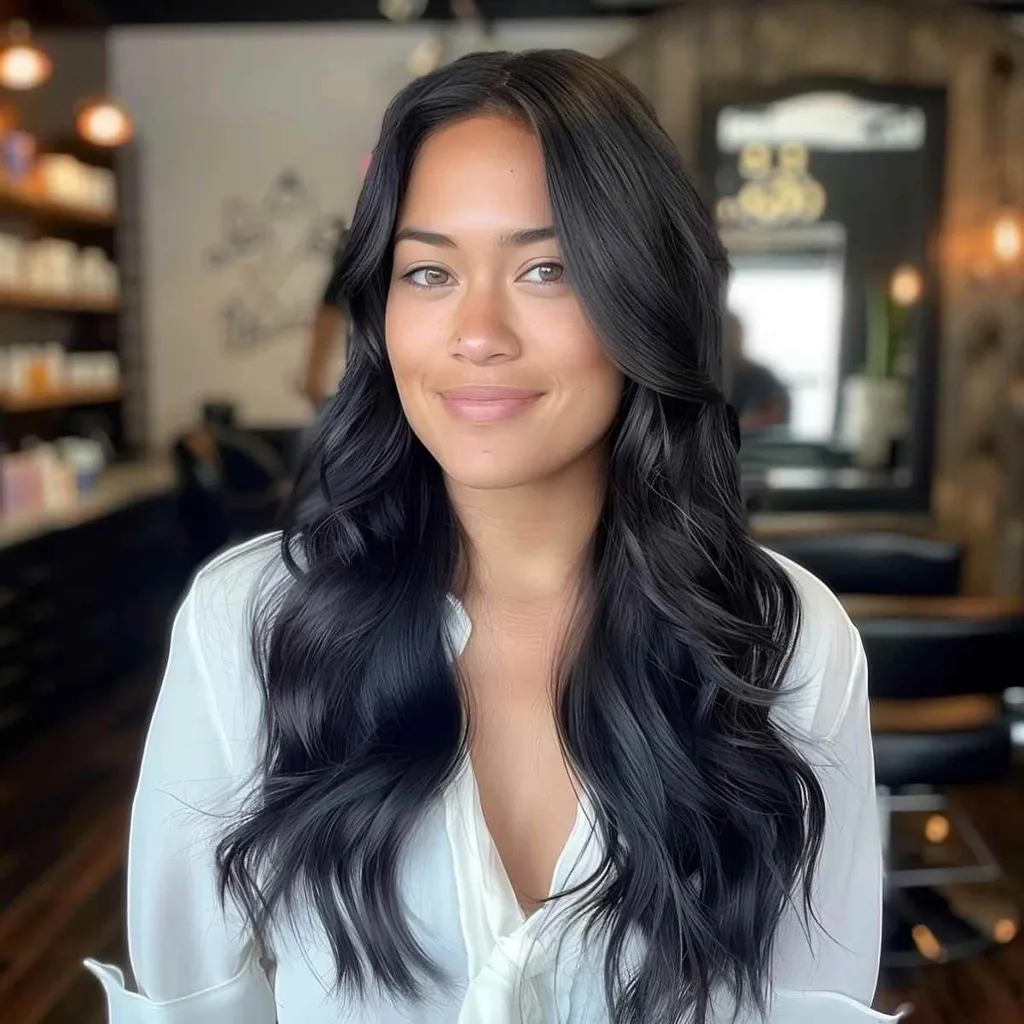 trubbigt klippt långt hår med låga lager' title=