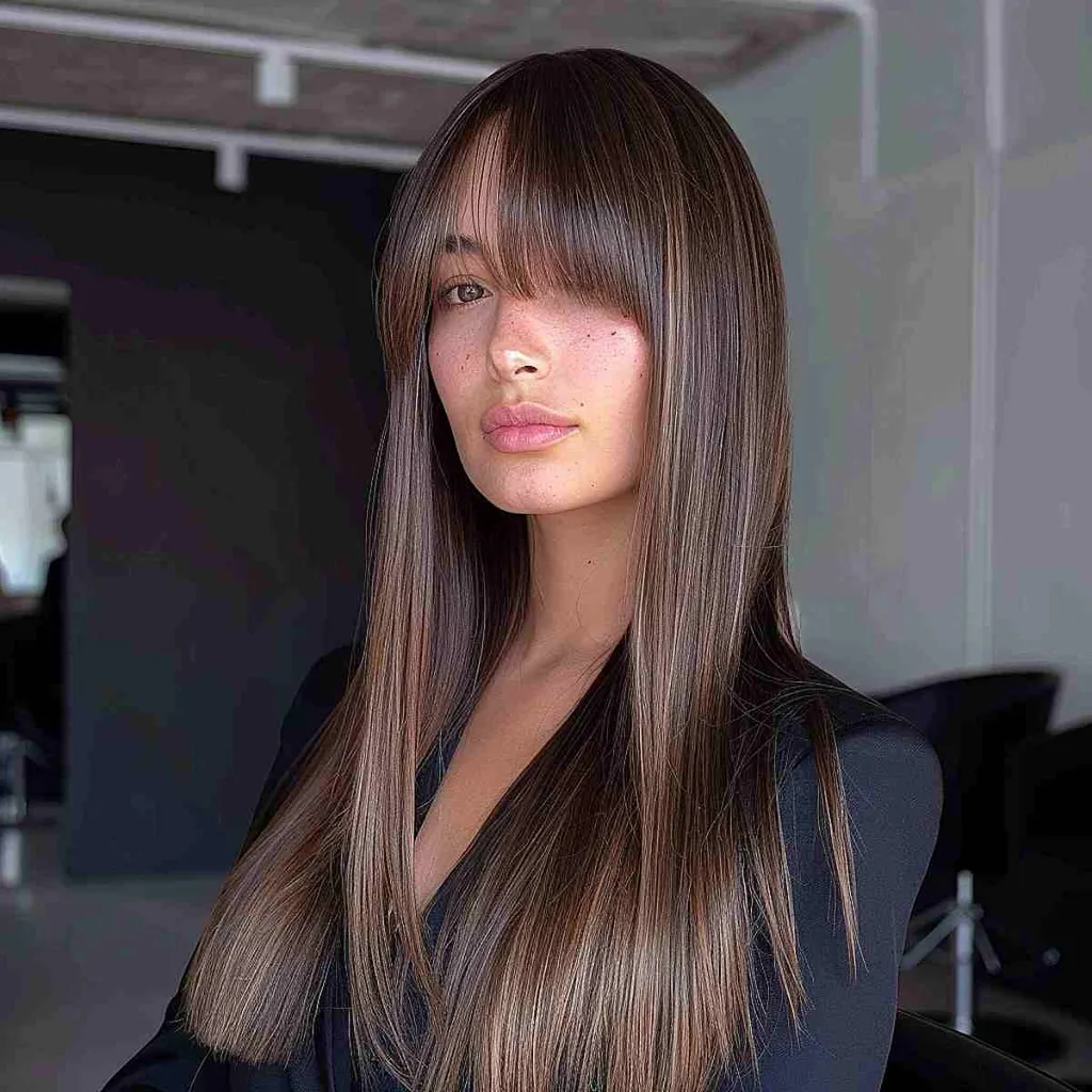 trubbigt klippt långt hår med lugg på sidan' title=