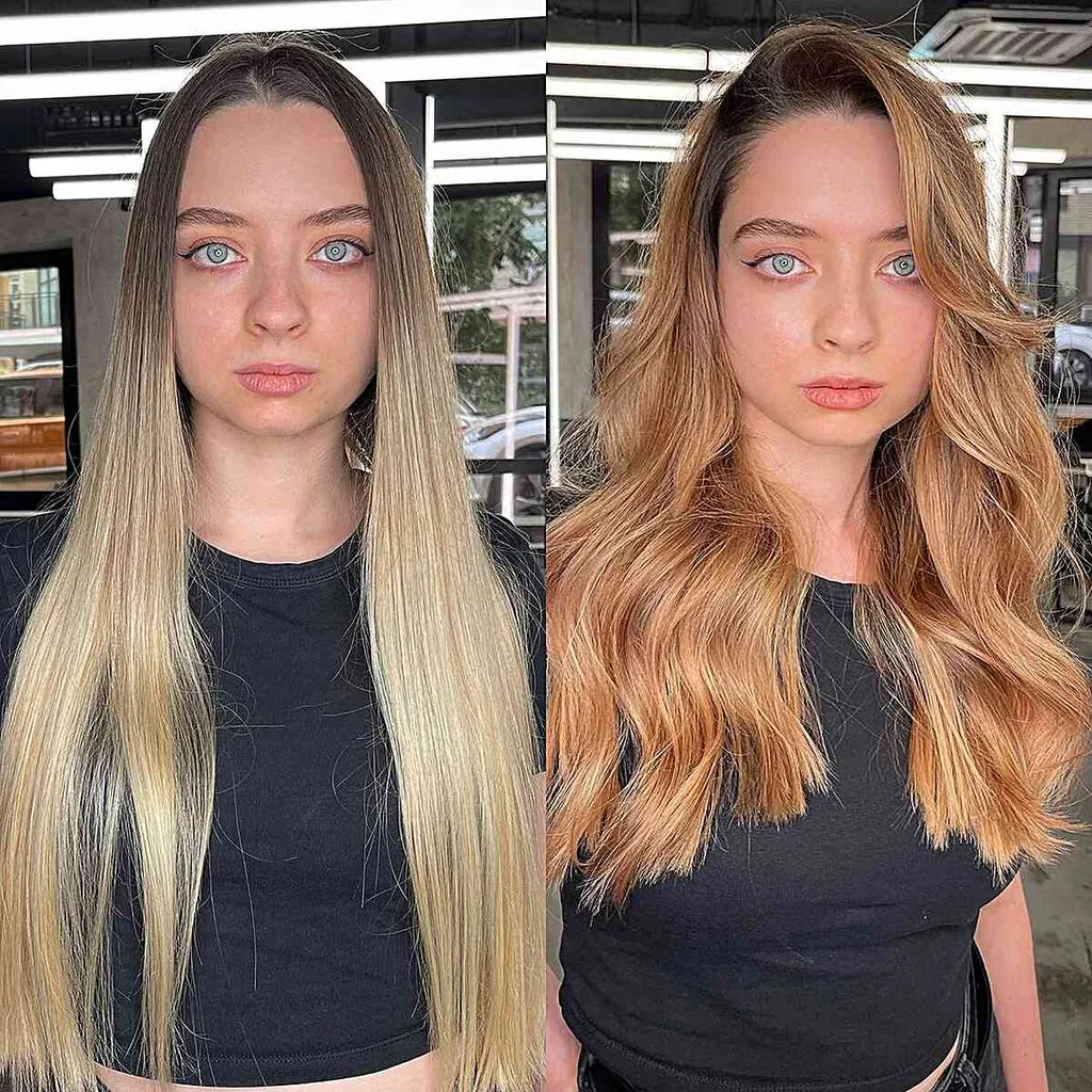 Långt och trubbigt ljust rödbrunt hår' title=