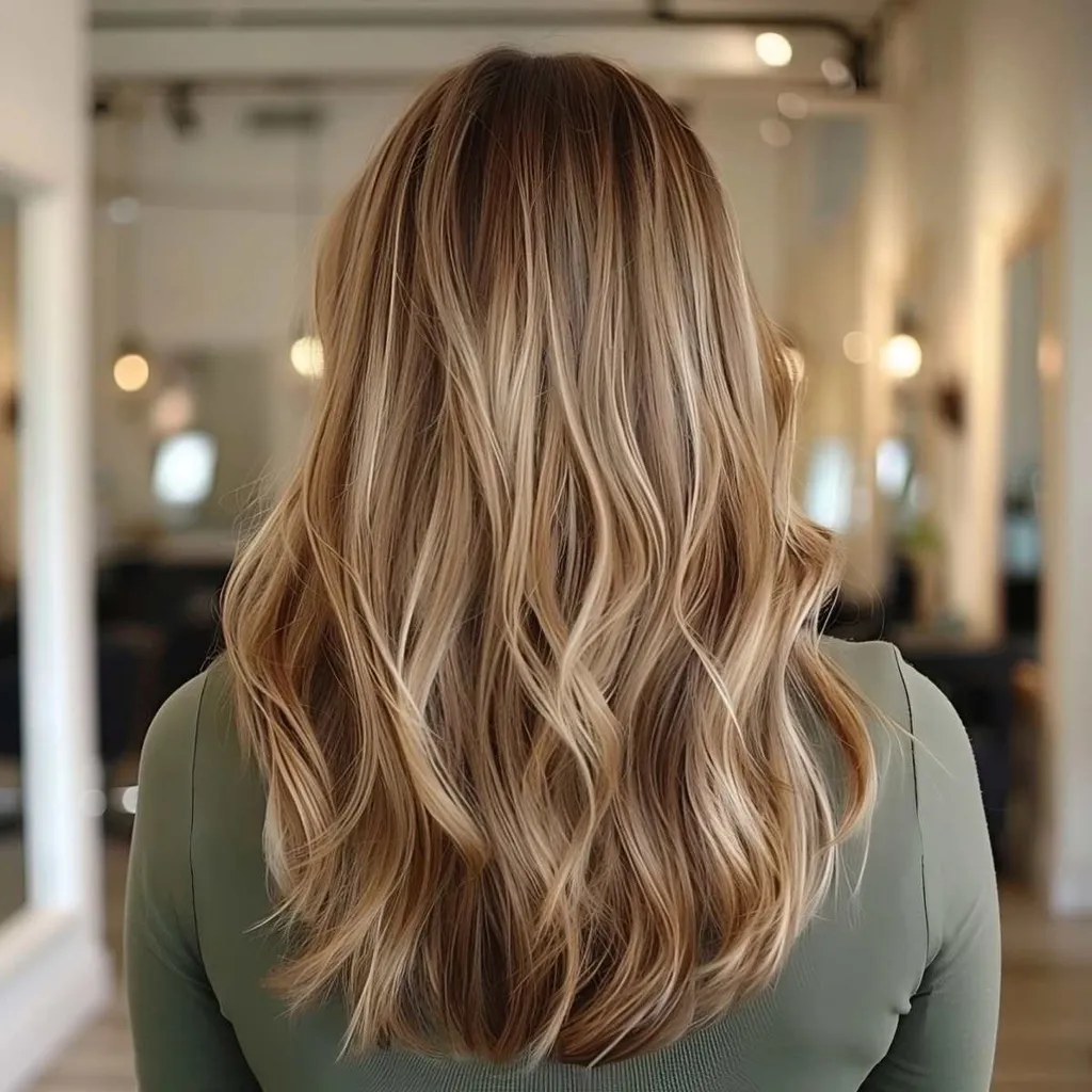 trubbigt klippt långt hår med mittlager' title=