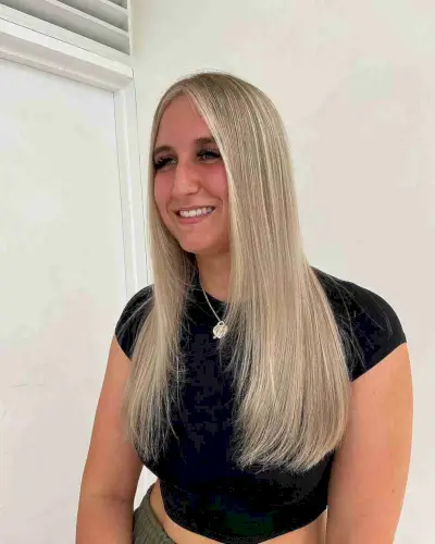 Sleek Center-Parted Hairstyle with a Money Piece for Thin Hair