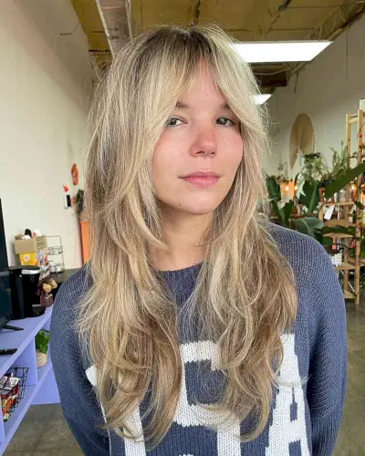 Long Layered Wolf Cut with Face-Framing Pieces and Curtain Fringe