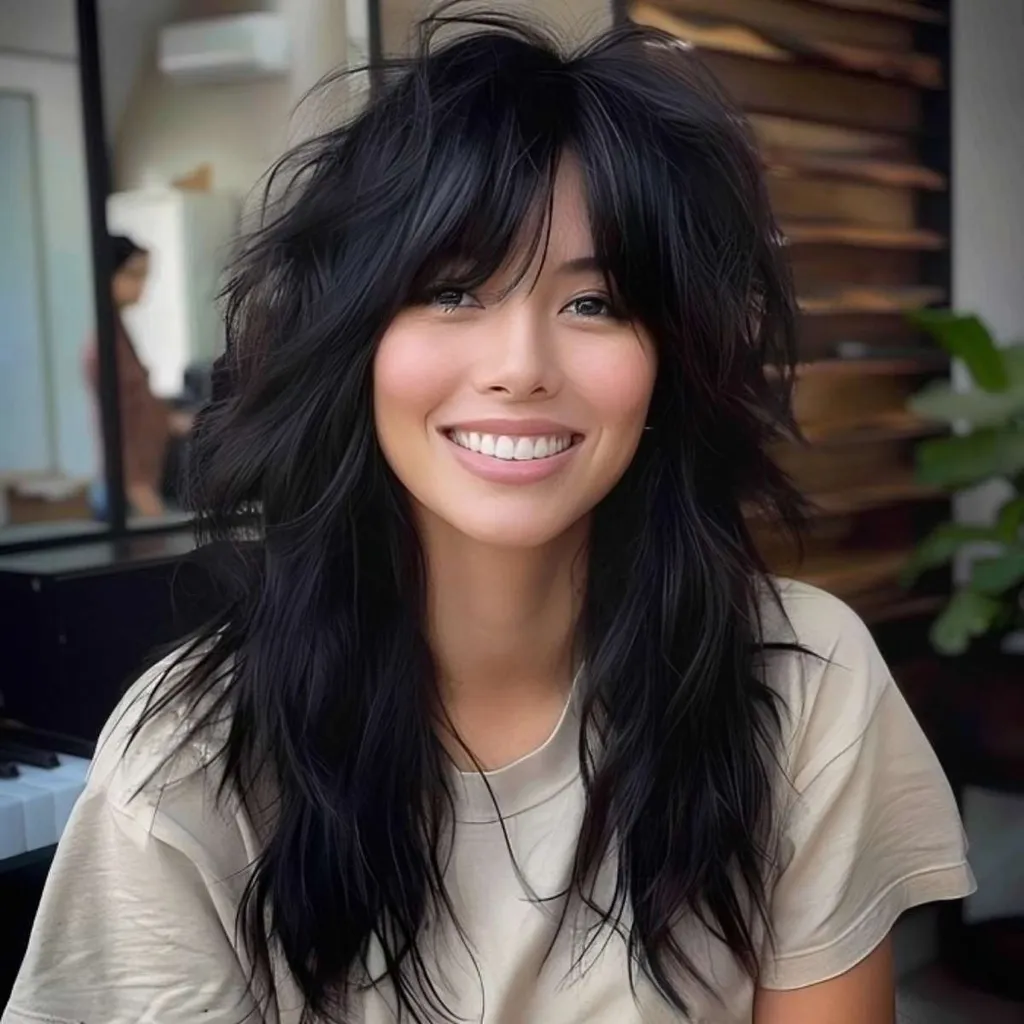 앞머리와 짧은 레이어가 있는 길고 덥수룩한 머리' title=