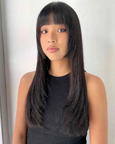 Long Hime Cut with Straight Layers and Bangs for Women with Longer Face Shape